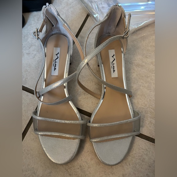 Nina New York Silver Strappy Sandals with Small Heel - Picture 1 of 7